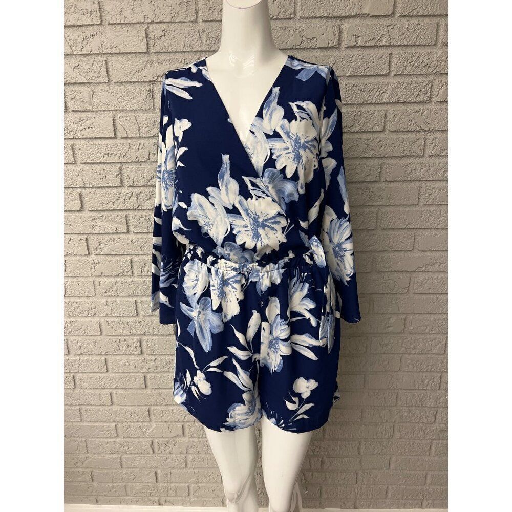 Skies Are Blue Women Blue White Floral Side Tie Romper Size S